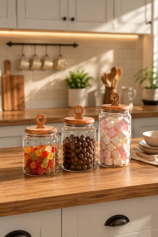 Porsima 4469 Handmade Vakum Kapaklı 3lü Cam Kavanoz Seti Vakum Kapaklı Saklama Düzenleme Kabı Seti Şeffaf