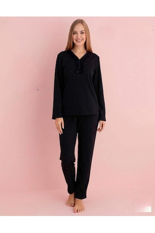 Pijamerry Kadın Bambu Baharlık Dantel Yaka Uzun Kol İnce Pijama Takımı 5212s - 1 Adet Siyah