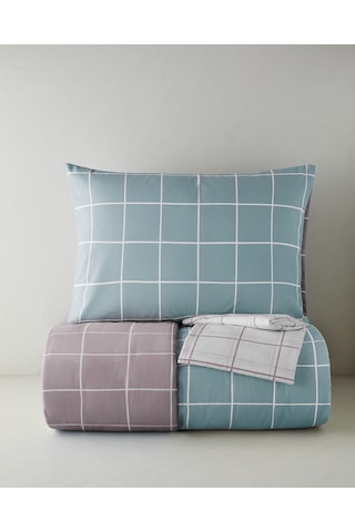 English Home Gridline Kolay Ütülenir Çarşaflı Tek Kişilik Nevresim Takımı 160x220 Cm Seledon-mürdüm Seledon-mürdüm