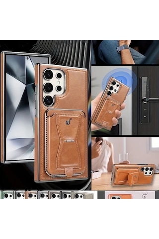 Turcoshop11 Galaxy S24 Ultra Manyetik Kartlık Yüksek Kalite Suni Deri Kılıf Brown