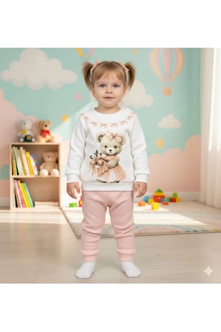 Kız Bebek Ayıcık Baskılı Çıt Çıtlı Alt Üst İkili Gündelik Takım Pudra