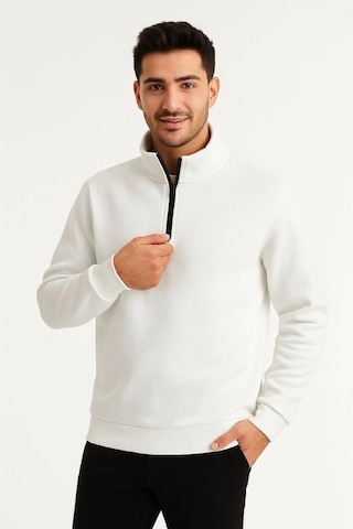 Erkek Dik Yaka Sweatshirt Dik Yaka Yarım Fermuarlı 3 İplik Şardonlu Pamuk Kumaş - Beyaz Beyaz