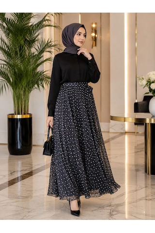 Esra Butik78 Siyah & Kahverengi Puantiyeli Astarlı Şifon Etek Kendi Kumaşından Kuşaklı, 95 Cm