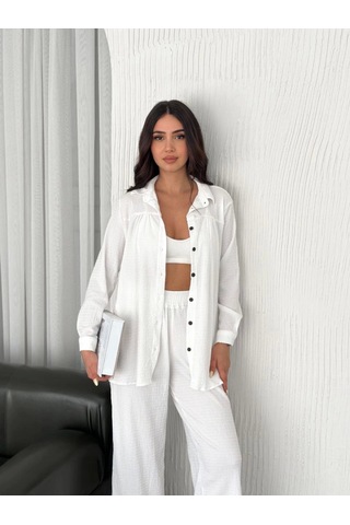 Moderie Butik Yakalı Düğmeli Uzun Kollu Gömlek Pantolon Ikili Takım - Beyaz Beyaz