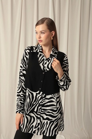 Saklımoda Viskon Kumaş Yelekli Kadın Zebra Gömlek Çok Renkli