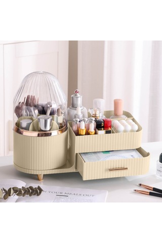 Makyaj Organizer Kozmetik Aksesuar Fırça Ve Takı Düzenleyici Çok Amaçlı Makyaj Kutusu Bej