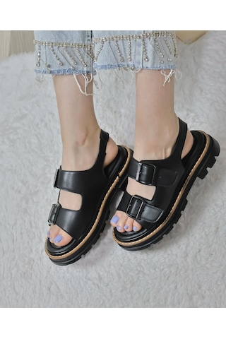 Asmi Shoes Kadın Çift Bantlı Kalın Taban Ortopedik Sandalet Siyah Siyah