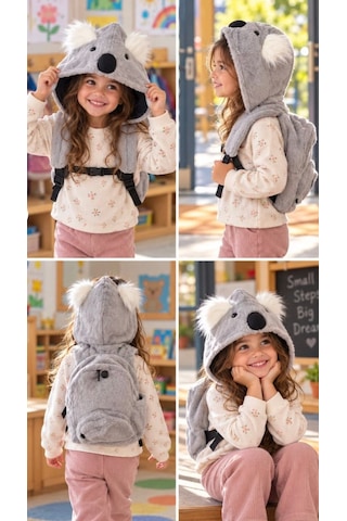 Unisex Çocuk Su Geçirmez Koala Tasarımlı Çıkarılabilir Kapüşonlu Sırt Çantası Gri
