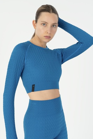 Maraton Slimfit Kadın Bisiklet Yaka Turkuaz Crop Top Turkuaz