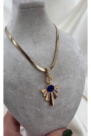 Bb Çelik Vip Göz Boncuğu Detaylı Kolye Altın - Mavi