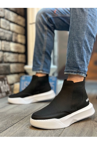 Ba0150 Bağcıksız Erkek Yüksek Taban Cilt Siyah Beyaz Spor Bot 001