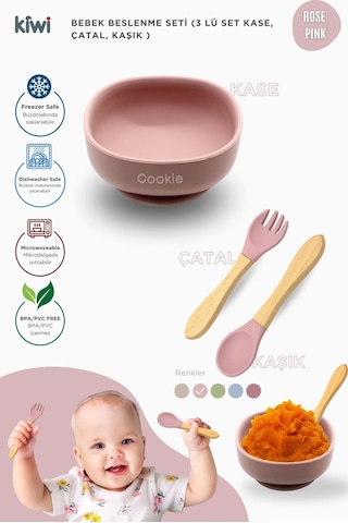 Kiwi 3 Parça Kase Çatal Kaşık Beslenme Seti - Doğal Silikon Bpa İçermez- Rose Pink
