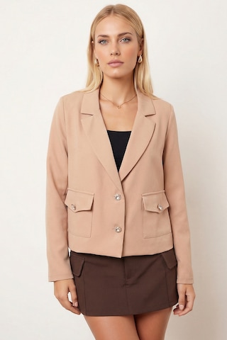 Armonika Kadın Bej Erkek Yaka Kare Cepli Crop Ceket Arm-26k001026