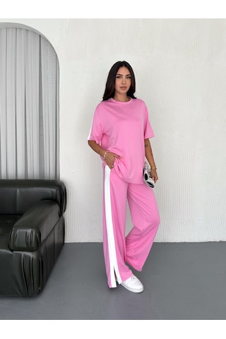 Elaxi Modal Şeritli Yırtmaç Detaylı Pantolon Tişort Takım Pembe