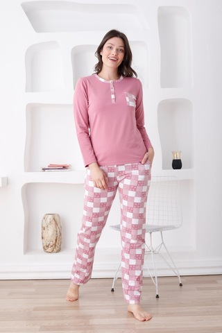 Ekoseli Kadın Pijama Takımı - 3 Düğmeli Uzun Kollu Likralı Penye Cepli Alt Gül Kurusu