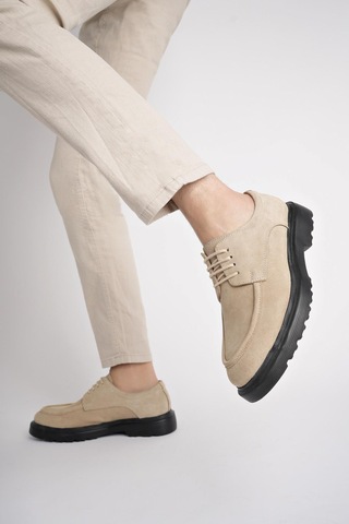 Muggo Samuel Garantili Günlük Klasik Hakiki Deri Casual Rahat Ortopedik Kalın Taban Erkek Ayakkabı Bej Süet Bej