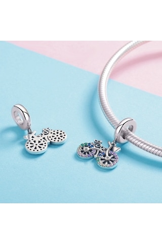 Fastbuy S925 Ayar Gümüş Bisiklet Kolye, Renkli Zirkon Boncuklu, Dıy Charm Bilezik, Çok Renkli Kolye Aksesuar Çok Renkli