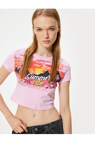Koton Crop Tişört Kısa Kollu Slogan Baskılı Bisiklet Yaka Slim Fit Pembe 4sal11178ık Gül