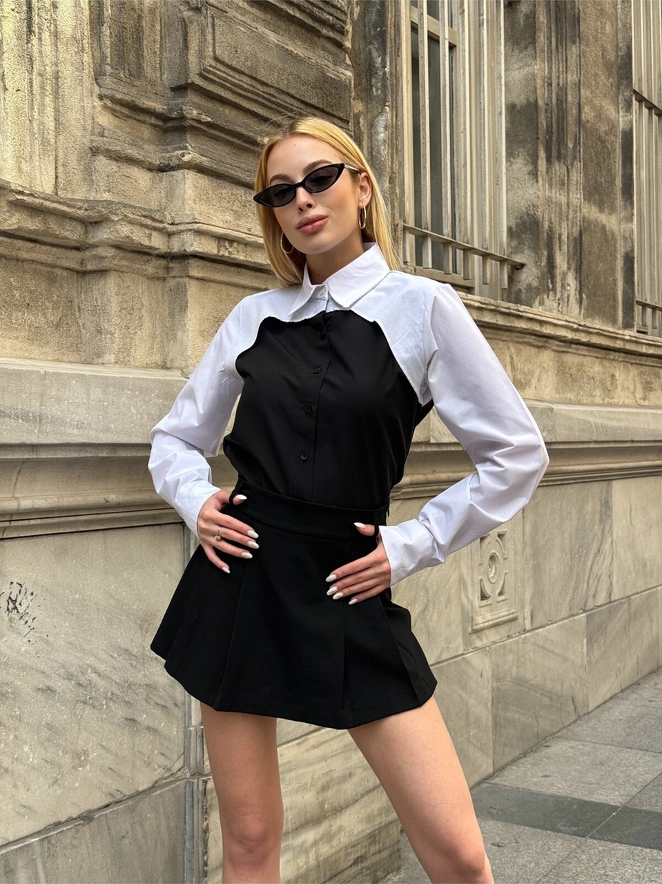 Mamayaga Kadın Tasarım Design İki Parça Şık Curve Tesettüre Uygun Büyük Beden %100 Cotton Uzun Kol Gömlek Siyah