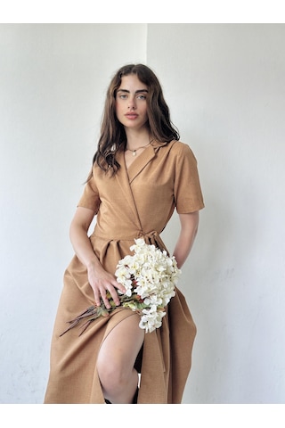 Retrobird Lady Kruvaze Midi Elbise Kadın Taba-13442-taba