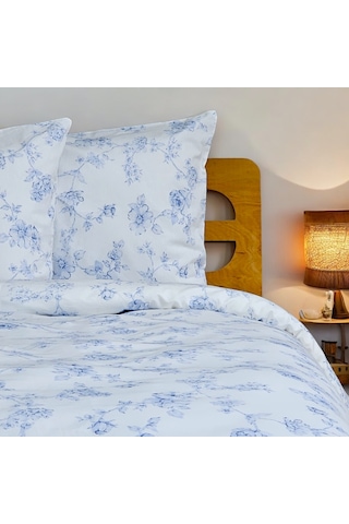 Çift Kişilik %100 Pamuk Mavi Çiçek Nevresim Takımı | Mavi & Beyaz | 4 Parça | Yumuşak Dokulu