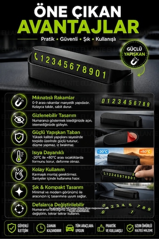 Mıknatıslı Araç İçi Park Telefon Numarası Gizlenebilir Oto Telefon Numaralığı Güçlü Yapışkanlı Siyah