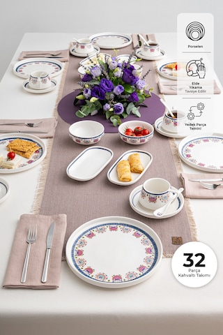 Emsan Ethnic Pink Porselen 32 Parça 6 Kişilik Kahvaltı / Servis Beyaz