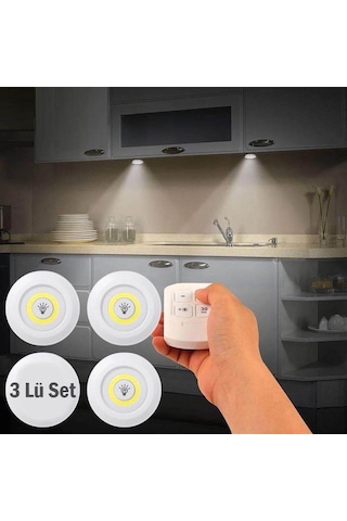Tezgah Altı Yapışkanlı Kablosuz Pilli Led 3'lü Spot Beyaz Işık Beyaz