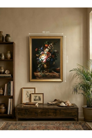 Klasik Gold Çerçeveli Barok Çiçek Natürmort Tablo Lüks Salon Oturma Odası Duvar Dekoru 60x80 Cm