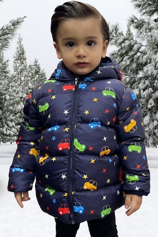 Erkek Çocuk Polarlı Kapüşonlu Gezegen Yıldız Desenli Kışlık Şişme Mont & Kaban & Parka Lacivert