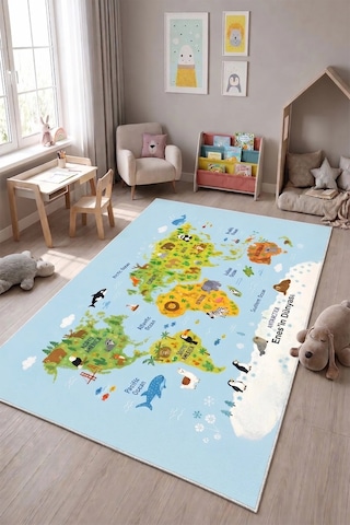 Sonictouch Çocuk Oyun Halısı İngilizce Eğitici Dünya Haritası ve Hayvanlar 70x120 CM İsme Kişiye Özel