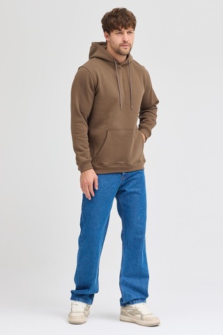 Polostate Erkek Kahverengi Standart Fit Normal Kesim Içi Polarlı 3 Iplik Kapüşonlu Pamuklu Sweatshirt Kahverengi