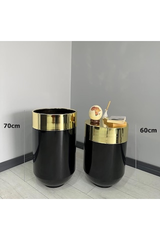 Dekoratif Gold Darbuka Parlak Siyah Saksı 70cm + Sehpa 60cm İkili Set