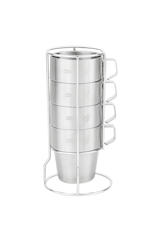 Paslanmaz Çelik 4'lü Kupa Seti - Stantlı - 300 Ml Gri - Gümüş