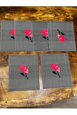 6 Lı Leke Turmaz Çiçekli Ekose Çatal Bıçak Sunum Peçete Kahve Sunum 18x16 Cm Siyah