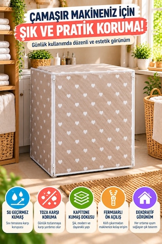 Kalp Desenli Çamaşır Makinesi Kılıfı Bej Kapitone Su Geçirmez Çift Fermuarlı 63x58x84 Cm Koruyucu Ev Kahverengi - Beyaz