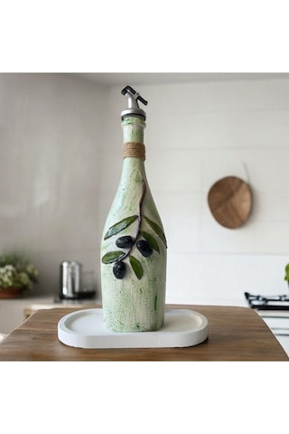 El Yapımı Kabartma Seramik Uygulamalı Zeytin Dalı Desenli Cam Şiş