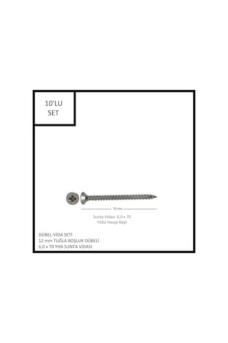 Dübel-vida Seti, Tuğla Boşluk Dübeli 12 Mm, 6,0x70 Yhb Sunta Vidası, 10 Adet