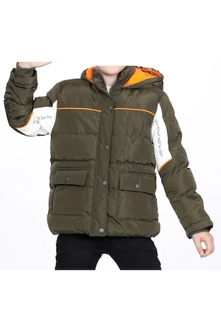 Erkek Çocuk Kolları Renk Bloklu Yazı Desenli Şerit Detaylı Fermuar Çıtçıt Kapamalı Haki Renk Mont Haki