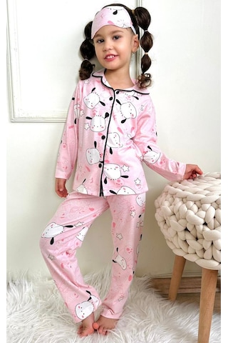 Lolliboomkids Kız Çocuk Pembe Renk Kuzu Desenli Baskılı Pijama Takımı Göz / Uyku Bantlı Kuzu Pembe