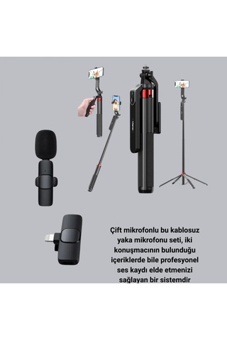 Çift Kablosuz Yaka Mikrofonu Ve Tripodlu Selfie Çubuğu Seti Vlog, Canlı Yayın Ve Röportaj İçin