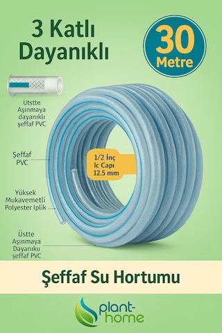 Şeffaf Su Hortumu 30 Metre 1/2 İnç 12,5 Mm 3 Katlı Dayanıklı Pvc Bahçe Hortumu