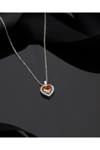 925 Ayar Sitrin Taşlı Rodyum Pırlanta Görünümlü Kalp Gümüş Kolye Gümüş - Rodyum