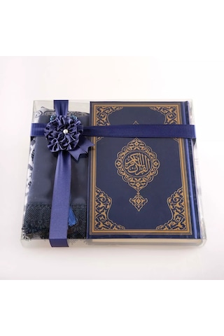 Şal + Seccade + Tesbih + Kuran Hediye Seti Orta Boy, Ekonomik Cilt, Lacivert