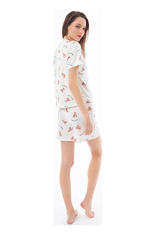 Premium Yazlık Şortlu Kadın Pijama Takımı Ayıcık Desenli Yumuşak Dokulu Bisiklet Yaka Kısa Kollu Krem