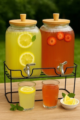 Qerhome 2'li Cam Şerbetlik Seti Musluklu, Bambu Kapaklı, Standlı 3.75 Lt + 3.75 Lt