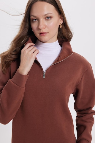 Tudors Kadın Relax Fit Rahat Kesim Pamuklu İçi Polarlı Yarım Fermuarlı Kahverengi Dik Yaka Sweatshirt-42194 Kahverengi1