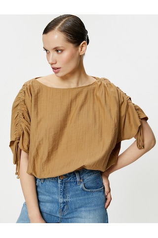 Koton Crop Bluz Drapeli Yarasa Kollu Kahverengi 4sak60345uw 4SAK60345UW517 Kahve