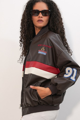 Bigdart 0698 Baskılı Suni Deri Bomber Ceket - Kahverengi