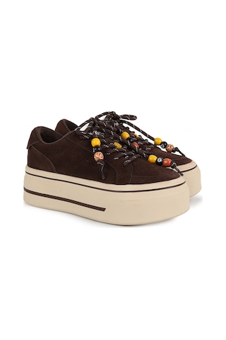 Guja Kadın Sneaker 366-2 Camel Hakiki Dokulu Süet Renkli Boncuk Bağcık Detaylı Yüksek Kalın Platform Taban Rahat Günlük Spor Ayakkabı Kahve